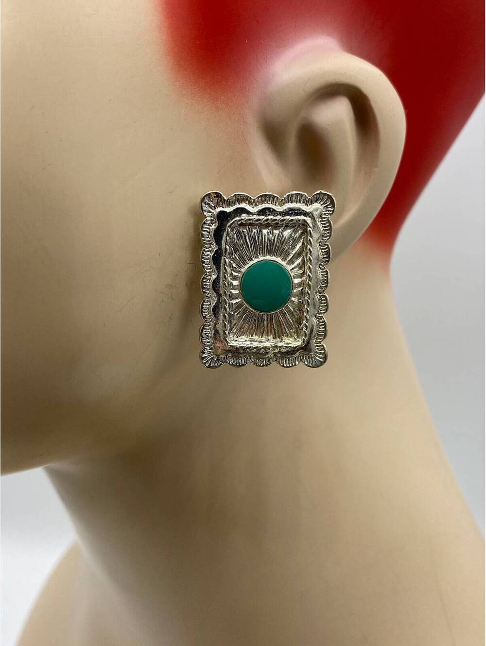 Plated Southwest Style Turquoise Green Enamel Rectangle Clip Earrings Bx3sd1